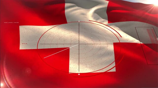Red flag with white cross waving from wind while HUD reticle scanning and aligning for calibration