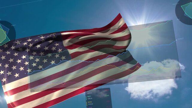 Wind gust starting, large American flag waving over faint charts, revealing and covering graphs