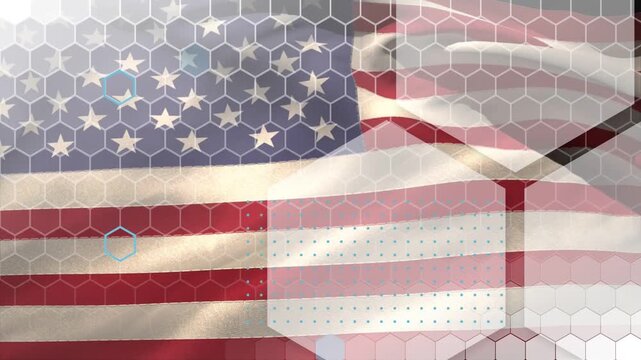On play American flag rippling while hex mesh fading in and panel emerging illustrating interface