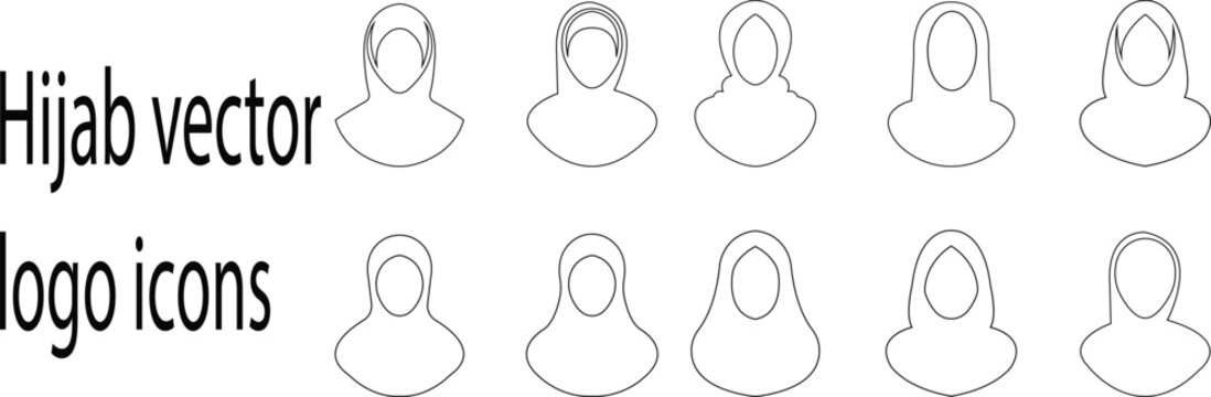 Muslim woman in hijab silhouette profile icon set, abstract Islamic geometric patterns, and modern headscarf logo designs modest fashion branding. head coverings, ideal for cultural, diversity themed