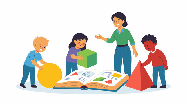 Young Students Learning Geometry Shapes with Their Teacher and an Educational Book on Basic Mathematics Concepts