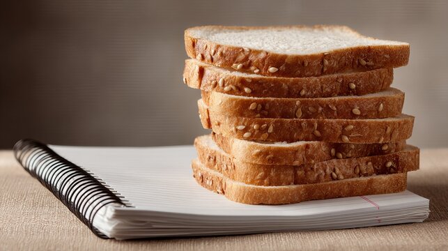 A stack of whole grain bread slices on top of a spiral notebook on a wooden table