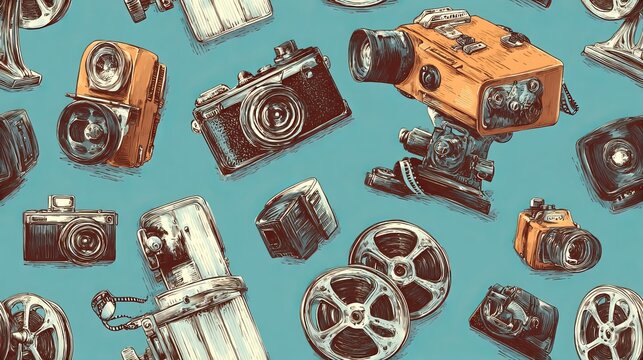 Vintage cinema and film watching seamless pattern, retro movie themed decorative background for design