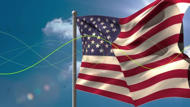 US flag waving, wind gusts driving ripples as sine waves sliding and sun flare shifting highlights