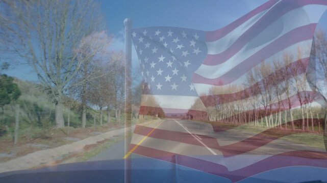Translucent American flag appearing and rippling while car moving ahead, evoking patriotic journey