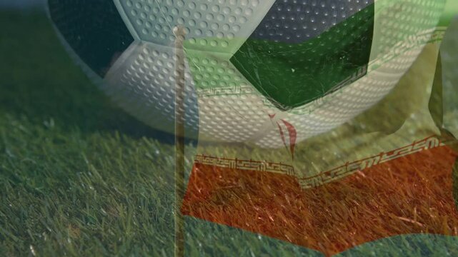 Soccer ball rolling after leg kick, revealing crest while flag overlay showing national pride