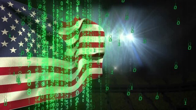 Green numeric streams starting at left edge cascading over US flag rippling lights pulsing overlay