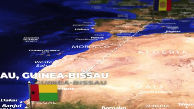 Flight From Andorra la Vella ANDORRA Bissau GUINEA BISSAU with flag pins