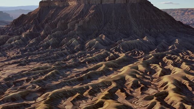 Low aerial telephoto tilt up perspective across desert ridges and badlands terrain near Factory Butte Utah