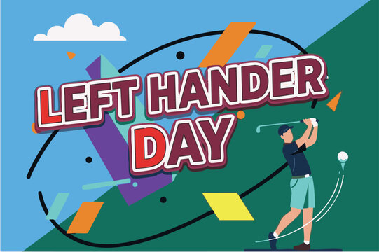 Left-handed golfer in action on green hill with colorful geometric shapes in bright lighting for Left Hander Day celebration