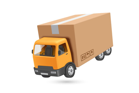 Yellow container truck where the container appears to be a parcel box or cardboard box, vector 3d illustration isolated on white background for e commerce and delivery concept design