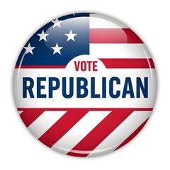 Fototapeta premium Political campaign button with American flag and text encouraging people to vote republican in elections.