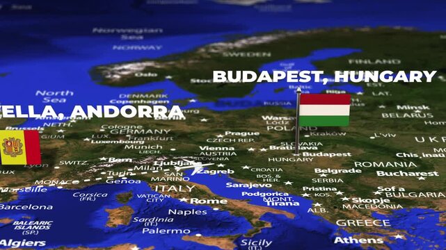 Flight From Andorra la Vella ANDORRA Budapest HUNGARY with flag pins