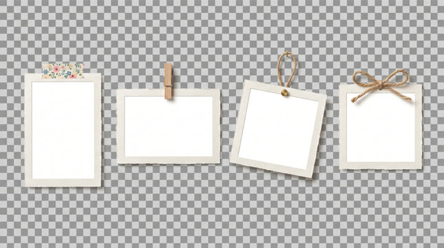 Photo frame mockup set, vintage polaroid instant film template collection, scrapbook elements with floral tape, wooden clothespin, string loop and jute twine bow, deckle edge paper, blank photos.