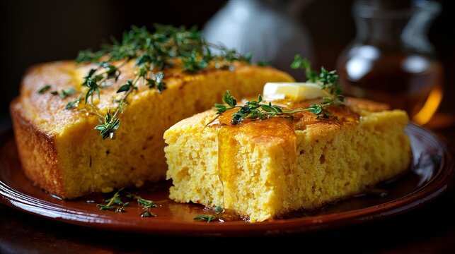 A delicious slice of cornbread with butter and herbs on a plate