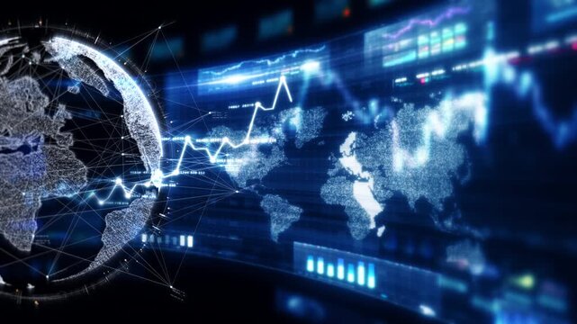Futuristic global financial data visualization, world map and digital globe with candlestick chart, stock trading analytics, forex market dashboard, fintech infographic, big data interface
