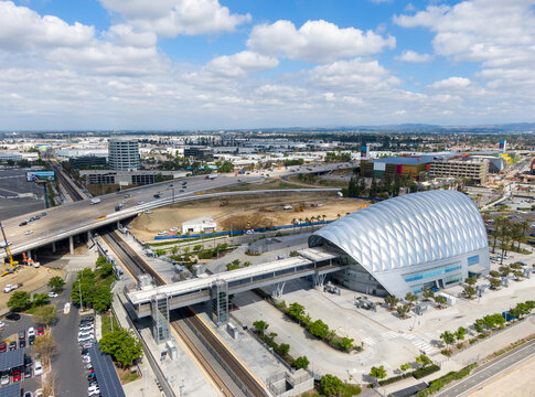 Aerial view of ARTIC, Anaheim Regional Transportation Intermodal Center, in Anaheim, California.