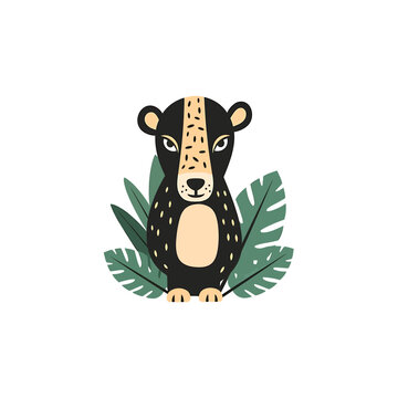 Cute black leopard illustration with tropical monstera leaves