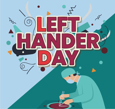 Left handed surgeon in blue scrubs celebrating Left Hander Day in colorful playful lighting for medical or awareness campaign