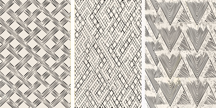 Three panels displaying repeating geometric patterns in neutral tones