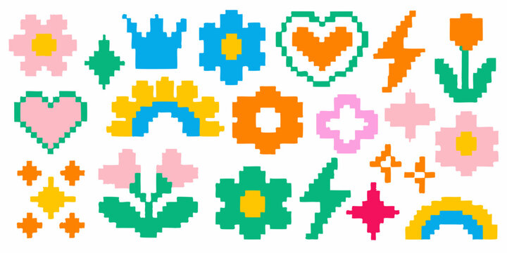 Colorful pixel art collection featuring flowers hearts and lightning bolts
