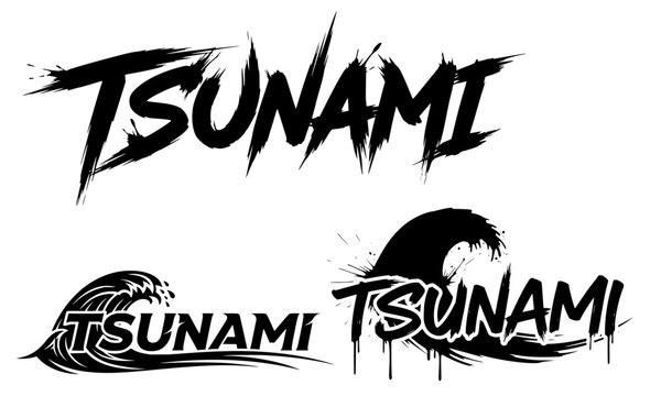  Tsunami bold grunge brush lettering logo set with wave design, featuring dynamic black ink typography and ocean splash elements for branding and apparel