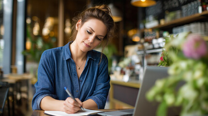 Fototapeta premium Woman writing a business plan in a notebook at a cafe table with a laptop nearby focused on entrepreneurial ambition