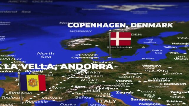 Flight From Andorra la Vella ANDORRA Copenhagen DENMARK with flag pins