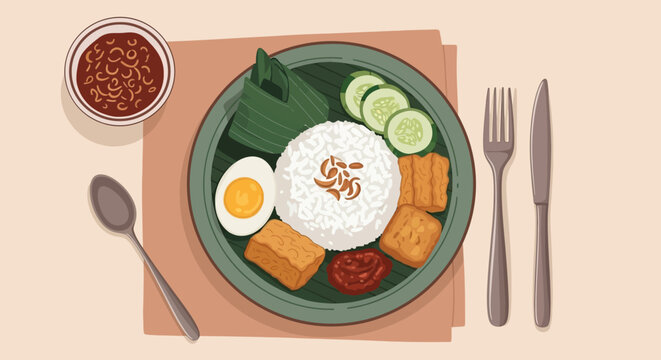 Flat Vector Illustration of Traditional Indonesian Nasi Lemak with Tempeh and Sambal