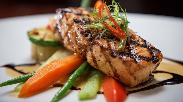 A delicious grilled piece of meat served with steamed vegetables on a white plate