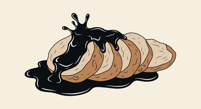 Vector illustration of delicious fried pempek with black cuko sauce, traditional Palembang food.