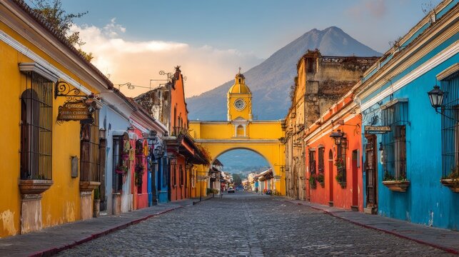Colorful historic main street of antigua guatemala at sunrise with iconic yellow santa catalina arch and majestic volc&aacute;n de agua in the background creating scenic travel cityscape backdrop