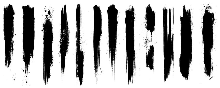 A set of black brushstrokes of various shapes on a white background.