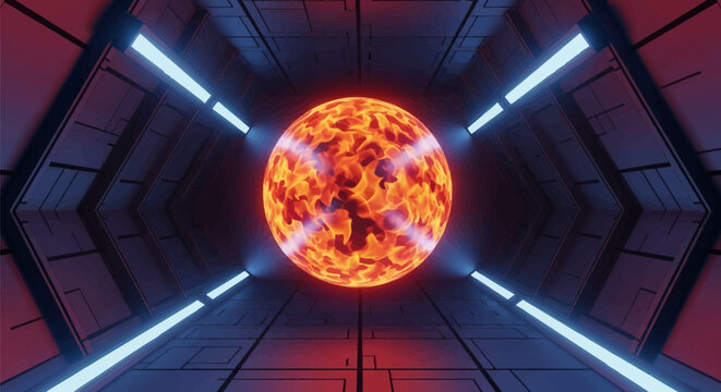 A glowing orange fiery energy sphere floating in the center of a futuristic spaceship corridor with metallic paneled walls, blue linear neon light strips, and one-point perspective.