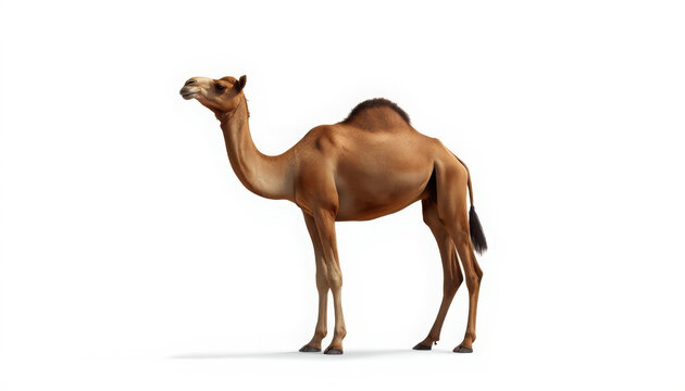 A camel stands alone against a plain white background