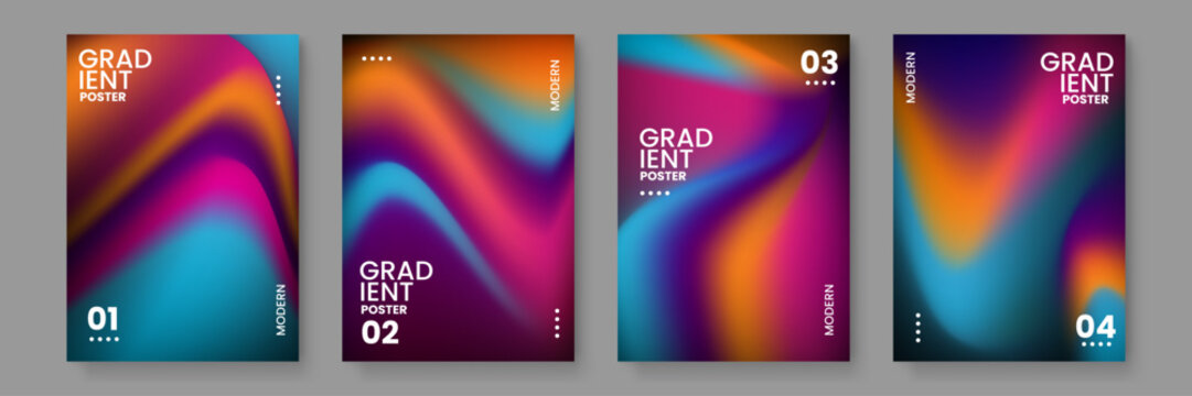 High-quality set of four posters featuring colorful wavy fluid gradients in rainbow hues perfect for music festivals and creative art exhibitions