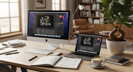 Fototapeta premium Modern home office workspace, desk with computer and laptop, productive study area, minimalist interior design, office supplies, coffee cup
