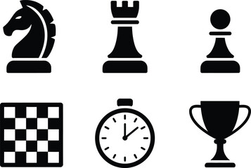 Set of black chess including knight, rook, pawn, checkerboard, stopwatch, and trophy © Montaj_A
