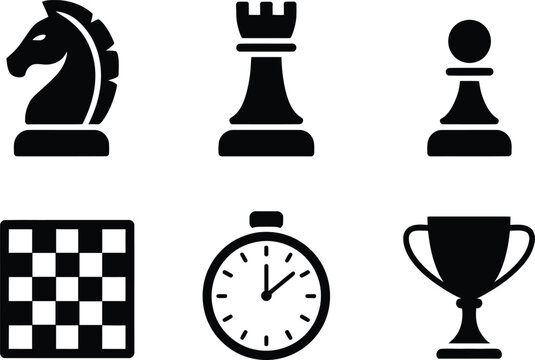 Set of black chess including knight, rook, pawn, checkerboard, stopwatch, and trophy