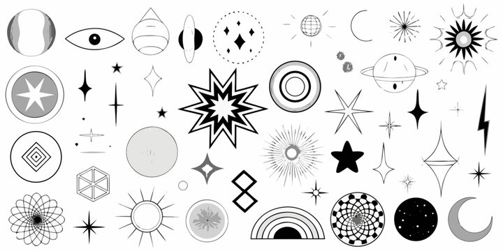 Collection of abstract celestial shapes and cosmic line art designs