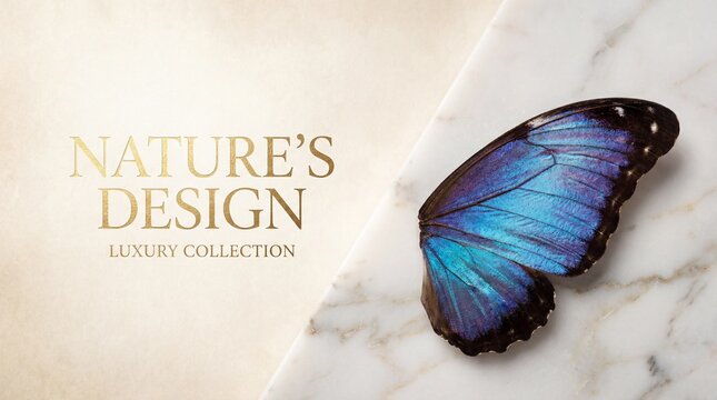 Blue Morpho butterfly wing on marble background with gold luxury text