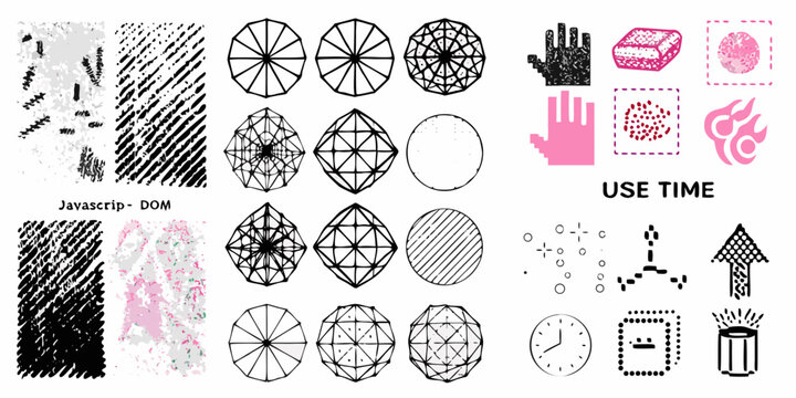Collection of abstract geometric shapes hands and digital elements