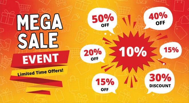 Mega Sale Event banner with limited time offers, vibrant orange discount promotion background, marketing poster with percentage off speech bubbles
