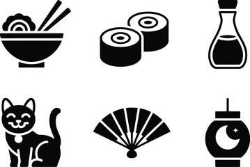 Set of japanese culture featuring ramen, sushi, soy sauce, maneki neko, fan, and lantern © Montaj_A
