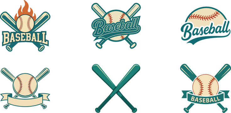 Vintage baseball logo set with crossed bats ball flame and script typography retro sports emblems vector collection for team branding apparel print stickers isolated on white background