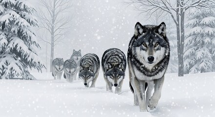 A pack of wolves traversing a snowy landscape under a cloudy sky © Daun