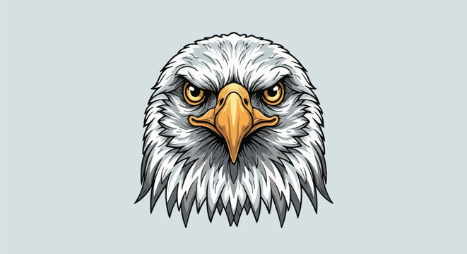 A detailed vector illustration of a bald eagle's head facing forward, featuring sharp yellow eyes, a hooked beak, and expressive white and grey feathers on a light background.