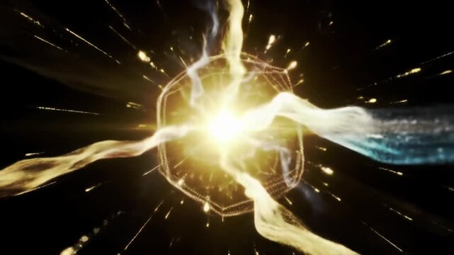Wide video, subtle dolly-in. Luminous data streams converge into a pulsating singularity, exploding into iridescent golden, sapphire, and crimson light trails on an ultrablack void, symbolizing a