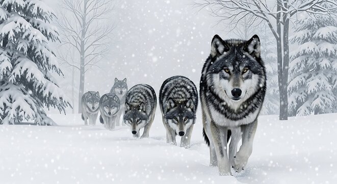 A pack of wolves traversing a snowy landscape under a cloudy sky