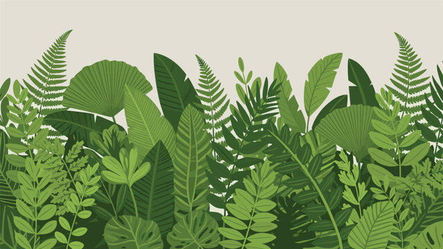 Dense tropical garden background with a variety of green jungle leaves ferns and exotic plants for natural theme.